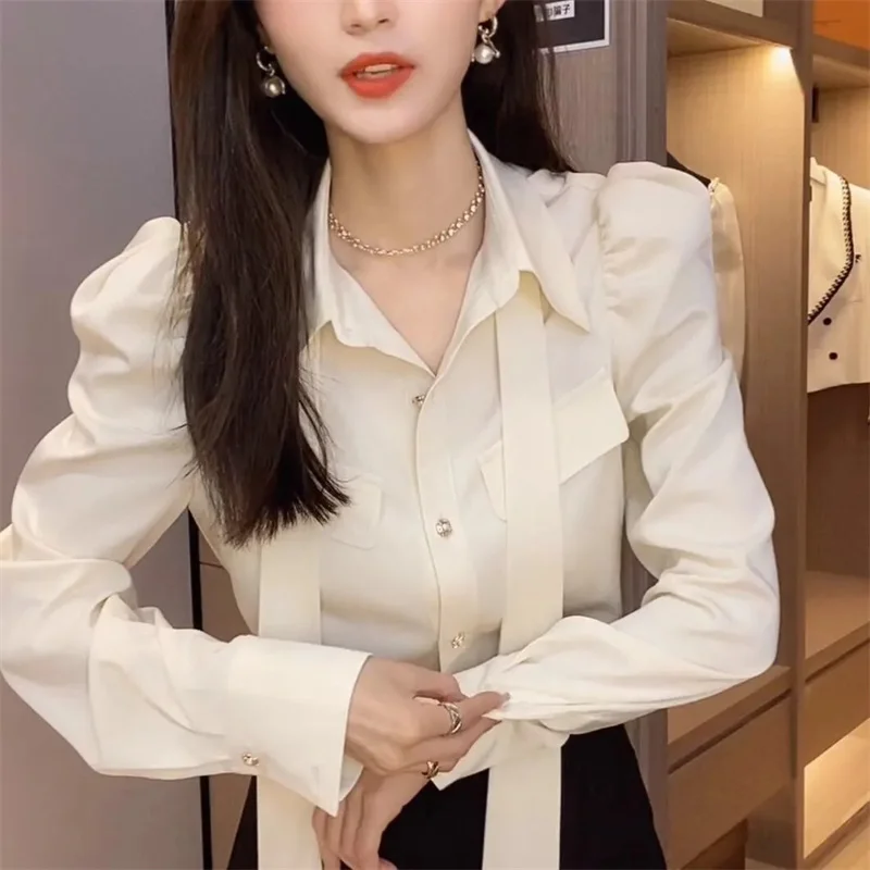 Damska koszula/kurtka na wiosnę i jesień, jednolity kolor, styl casual, modna, z długim rękawem, z kokardą, bluzka/kardigan z bufiastymi rękawami.