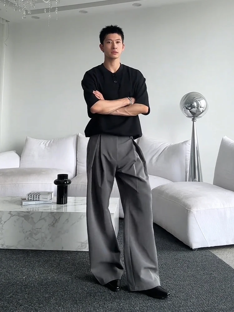 

ay High Waist Pleated Wide Leg Suit Pants Men's A-Line Flared Long Trousers CleanFit Knife Casual Straight Cut Jeans