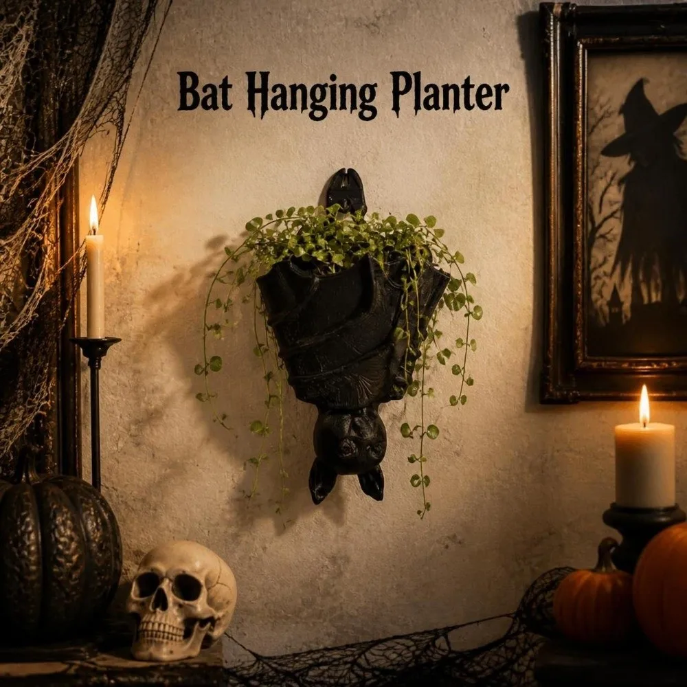 3D Printed Bat Hanging Planter Gothic Style Halloween Bat Wing Flowerpot Creative Funny Bat Shaped Flower Pot Living Room