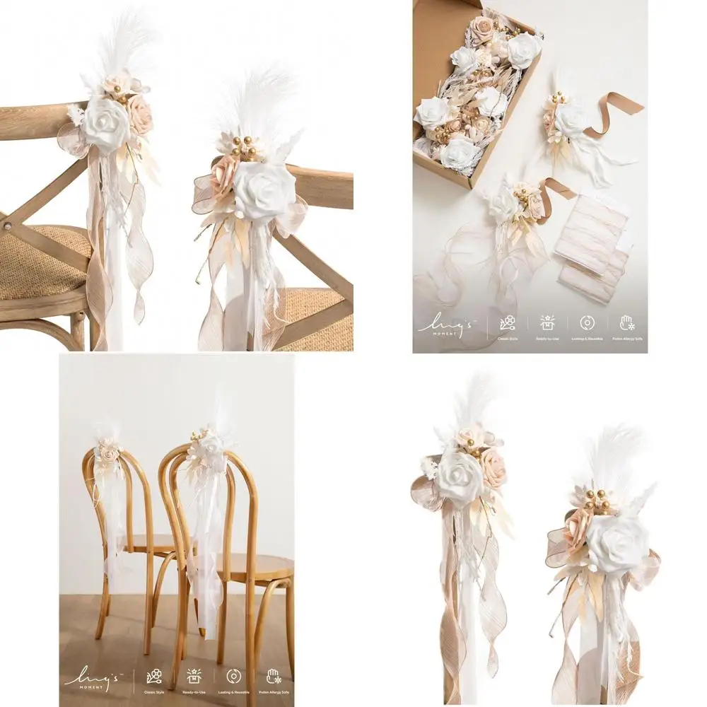 

Elegant Aisle Pew Flower Arrangements with Chiffon Ribbons for Boho Chic Wedding Ceremony and Outdoor Reception Decor