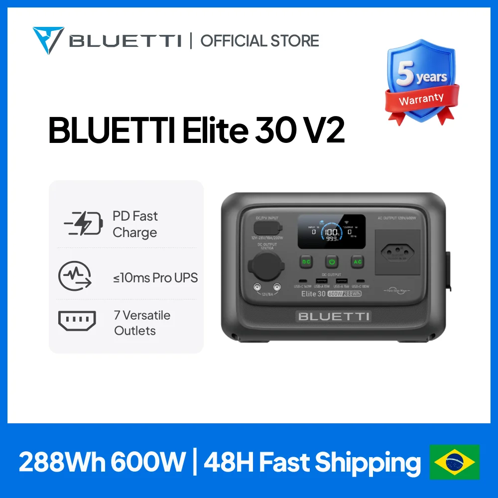 NO BRASIL - Estação de Energia Portátil BLUETTI Elite 30 V2 288Wh 600W Bateria LiFePO4 Gerador Solar Portátil 🆘🇧🇷