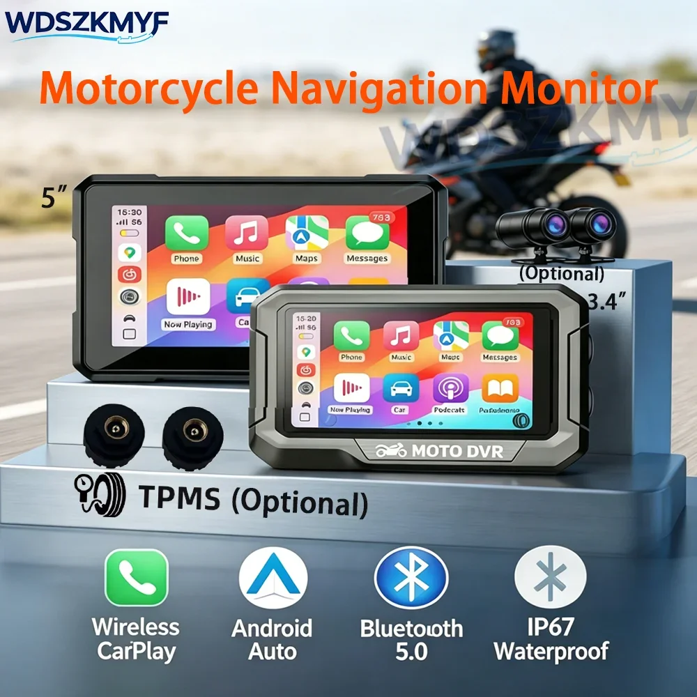 

IP67 Waterproof 3.4/5‘’ Motorcycle Portable Navigation GPS Wireless Carplay Android Auto Motorcycle Touch Screen TPMS Optional