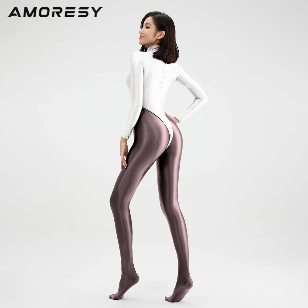 AMORESY Women Sexy Oil Glossy One Piece Swimsuit Tights Long Sleeve Smooth High Neck Thong Back Zipper Surfing Swimsuit Bodysuit