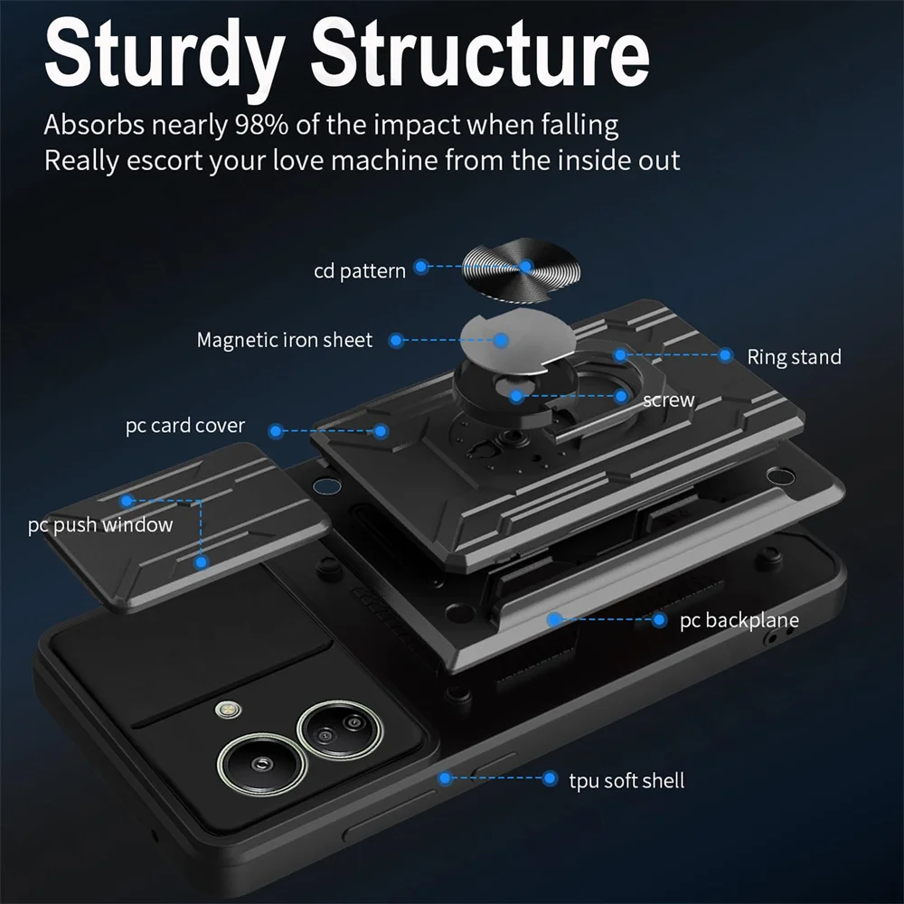 Case For Xiaomi 13T 12T 11T Pro Redmi 13C Note 13 12 11S Poco X5 Pro Card Holder Slide Camera Ring Stand Armor Kickstand Cover