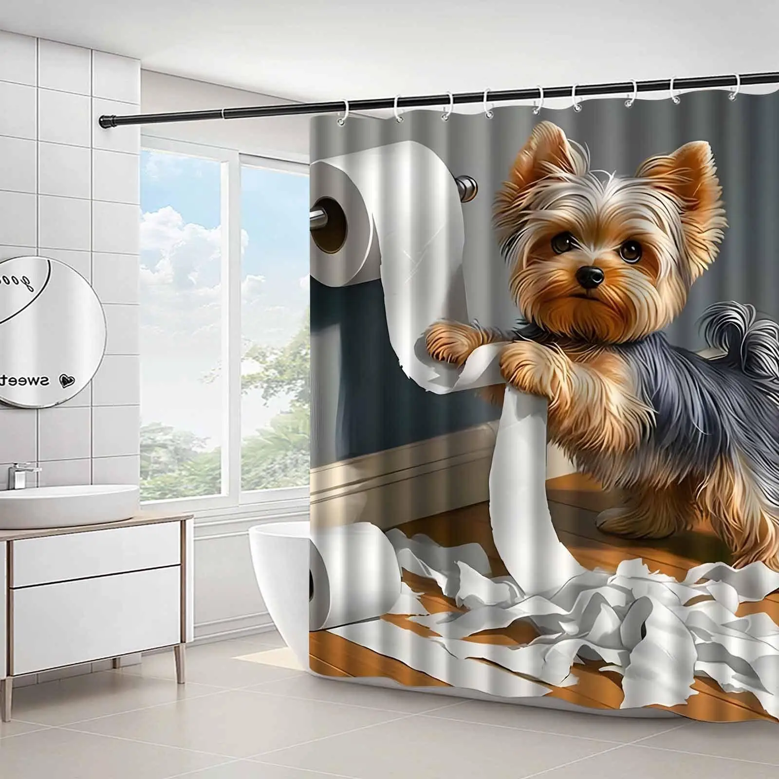 Cute Dog Puppy Fun Bathroom Shower Curtain Novelty Pet Shower Curtain for Kids Bathroom Decor