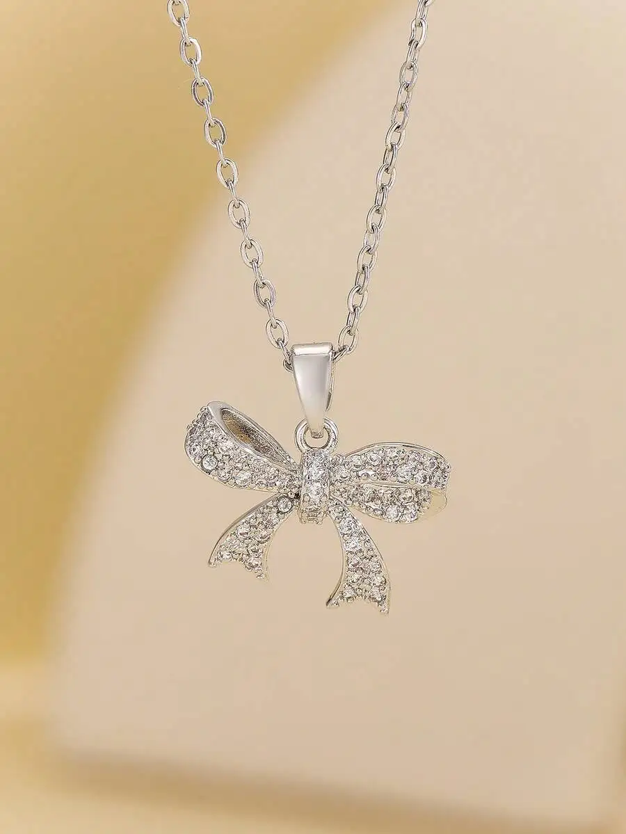 Fashion Crystal Bow Pendant Necklace For Women Stainless Steel Plated Chain Jewelry