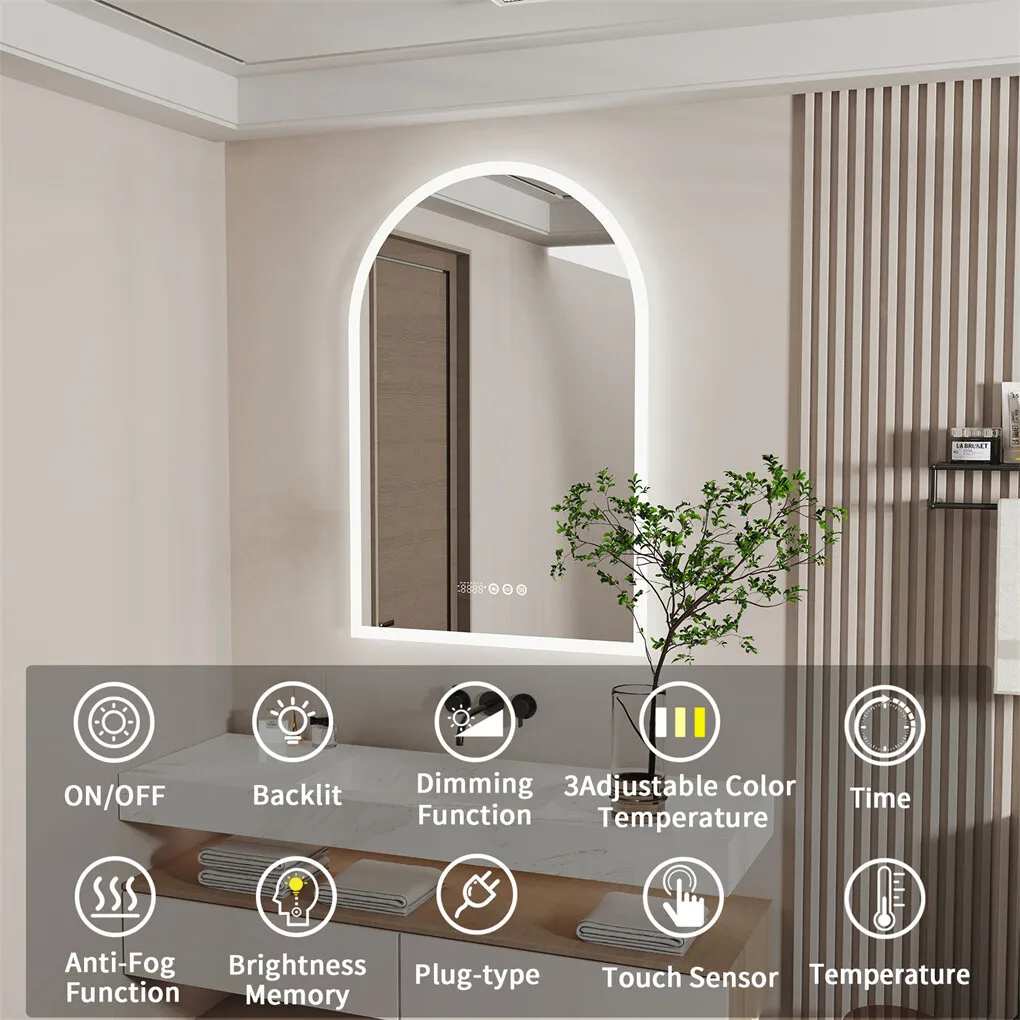 Arched LED Bathroom Mirror 600x900mm Smart Dimmable Wall Lighted Vanity Mirror with Time Temperature Dispaly Anti-fog 3 Colour