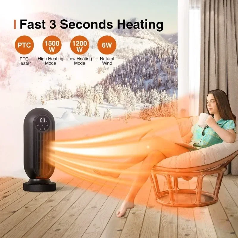 Space Heater 1500W Oscillating Ceramic Tower Heater Portable Fast Heating with LED Flame Light 12 Hour Timer