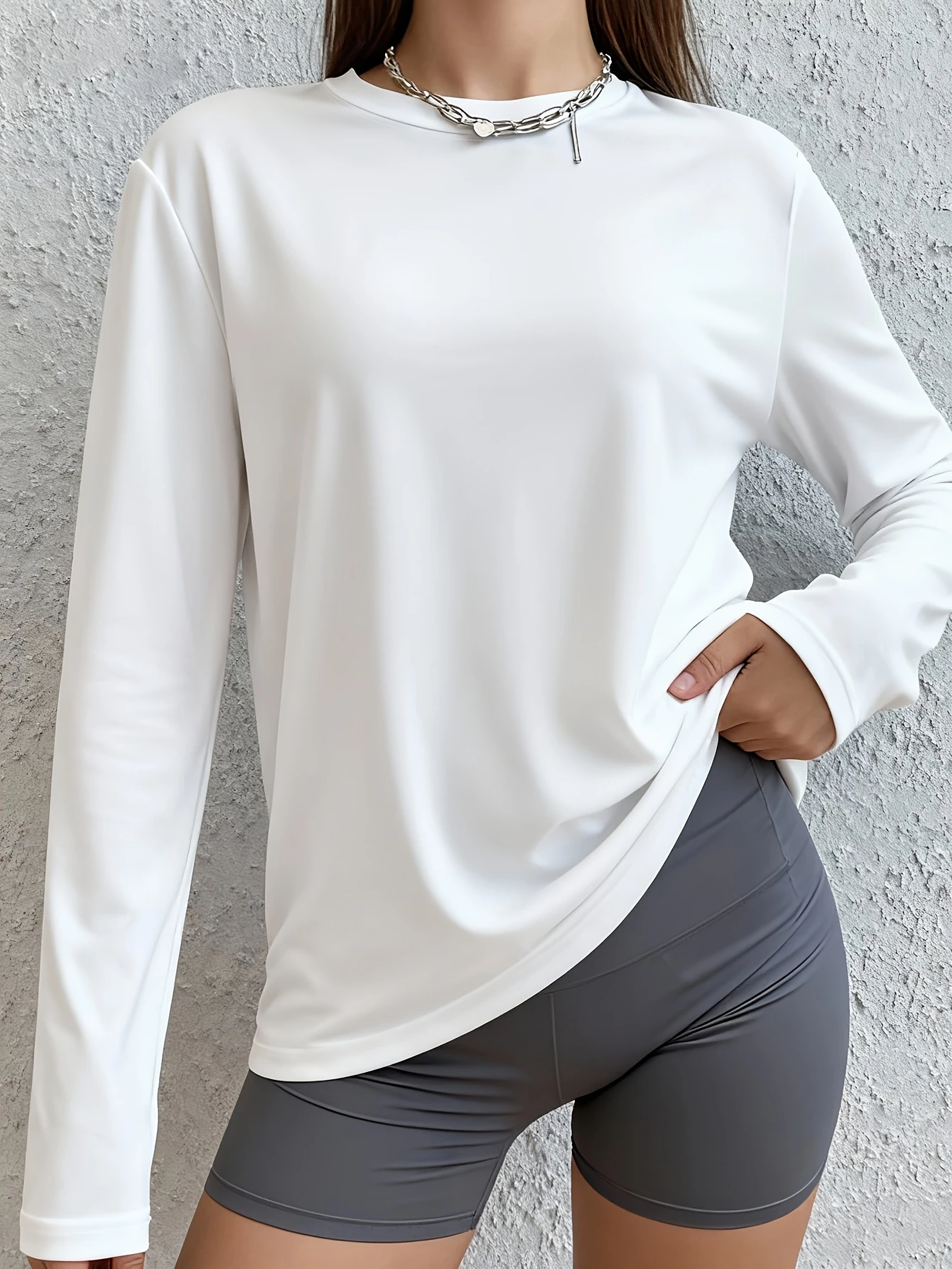 Women'S Loose Long-Sleeved T-Shirt Casual Versatile Basic High-Elastic Skin-Friendly Solid Color Round Neck Base Shirt