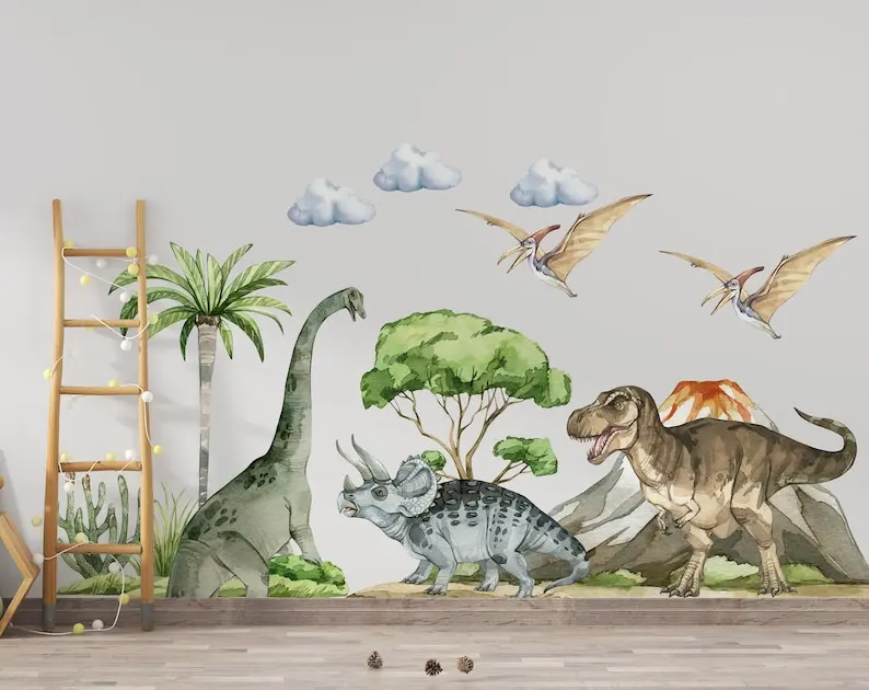 dinosaur wall decal big set, Jurassic World in boy room, dinosaur stickers, dinosaur wall art, kids wall sticker, dinosaur decor