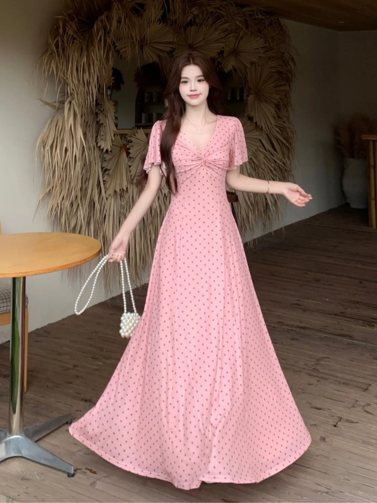 

plus Size Polka Dot Long Dress V Neck Tie Waist Slimming Concealing Korean Style Commute a Line Skirt Summer New Arrival