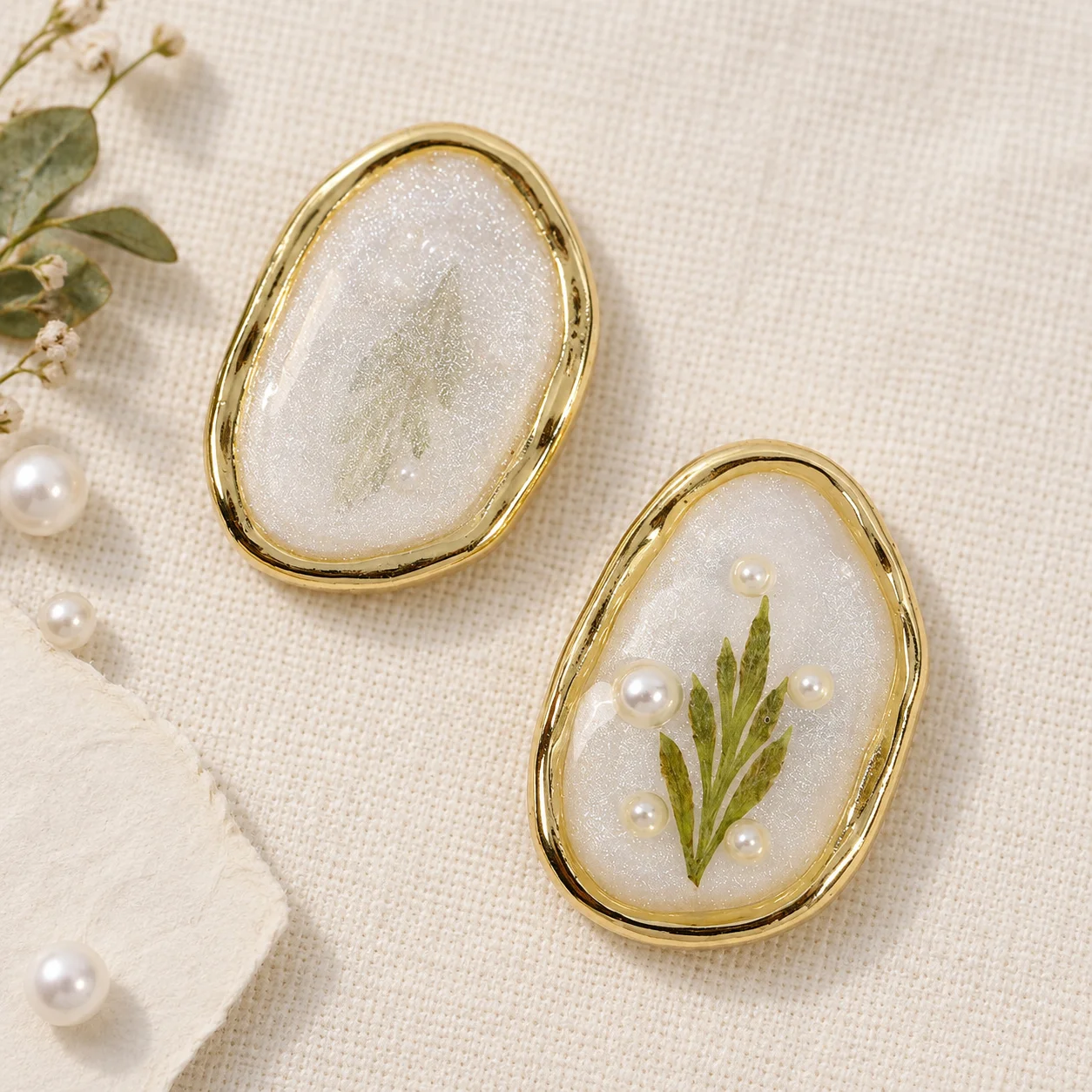 Oval Resin Earring Findings Organic Oval Imitation Pearl Earring Finding Alloy Trim Earring Finding Dried Flower For Jewelry