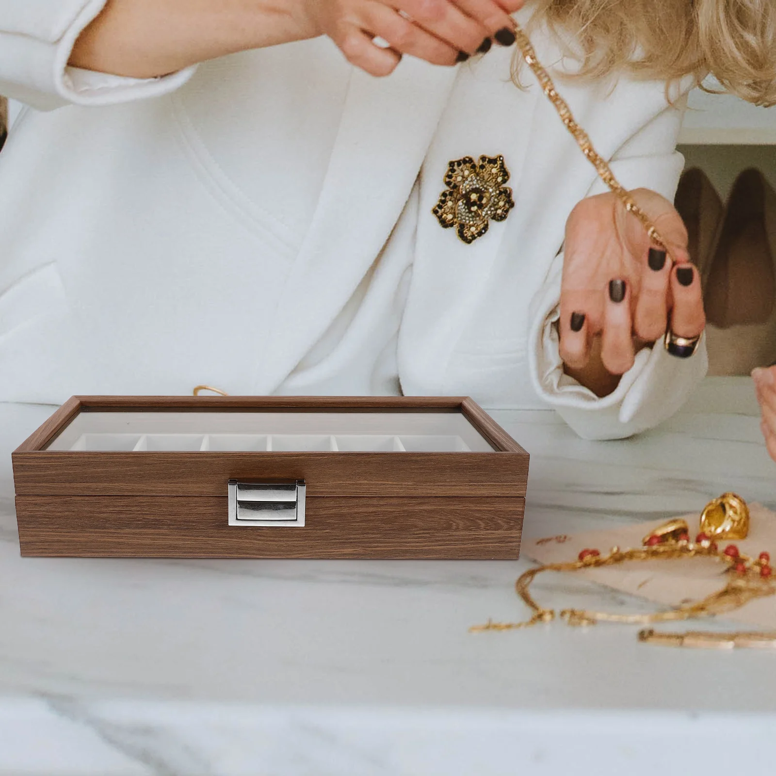 

6 Slots Watch Storage Box Walnut Wood Grain Durable Practical Organizer Case for Watches Jewelry Travel Display