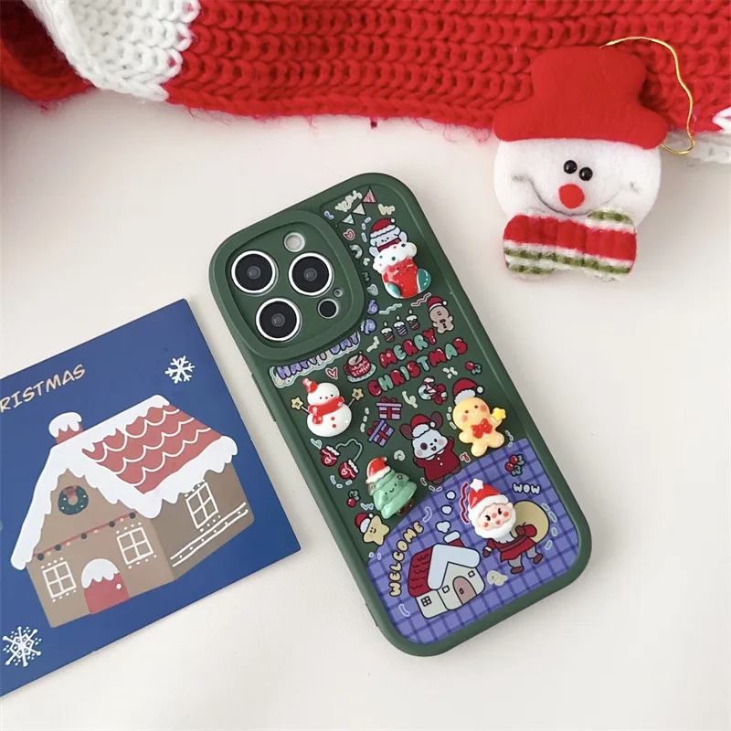 3D Cute Cartoon Christmas Santa Claus Bear Reindeer Phone Case For iPhone XR XS X 8 7 12 11 13 Pro 14 Plus 16 15 Pro Max