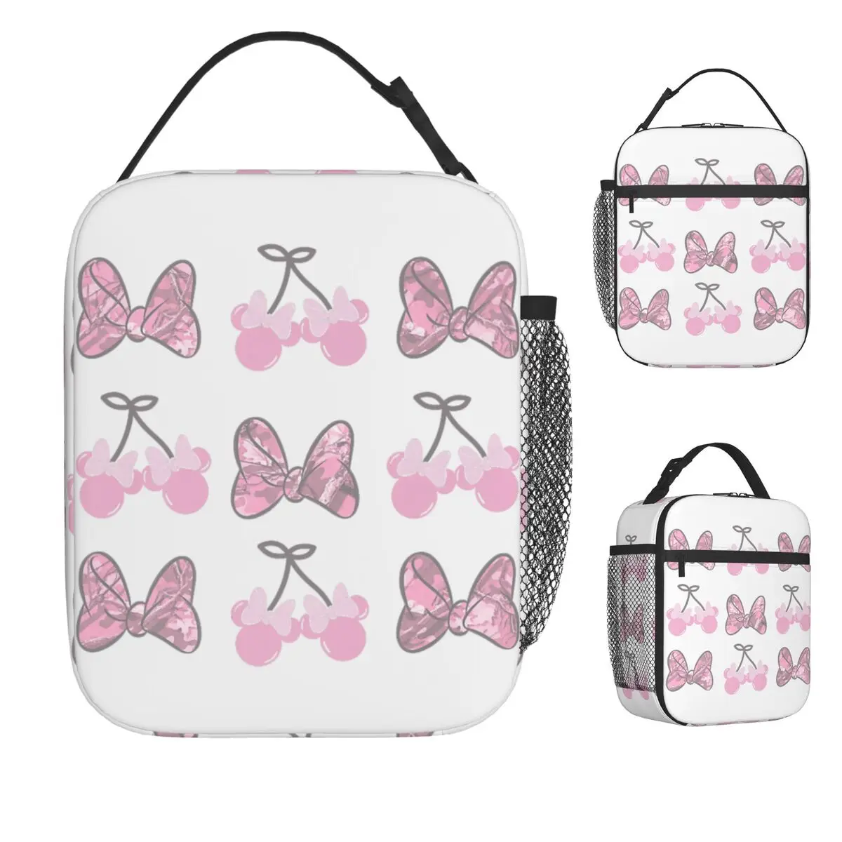 

Minnie Mouse Pink Camo Retro Bow Grid Premium Lunch Bag Portable Lunch Box School Print Cooler Bag Oxford Thermal Tote Handbags