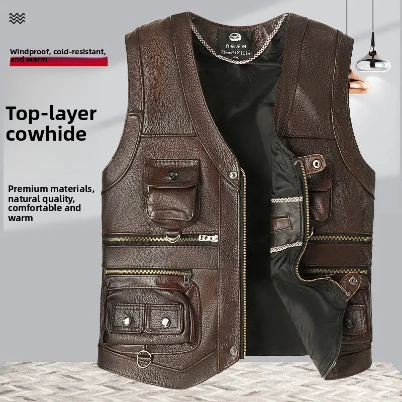 Genuine Leather Vest Men's Casual Top Layer Cowhide Vest Multiple Pockets Spring Autumn Winter Dad's Clothes
