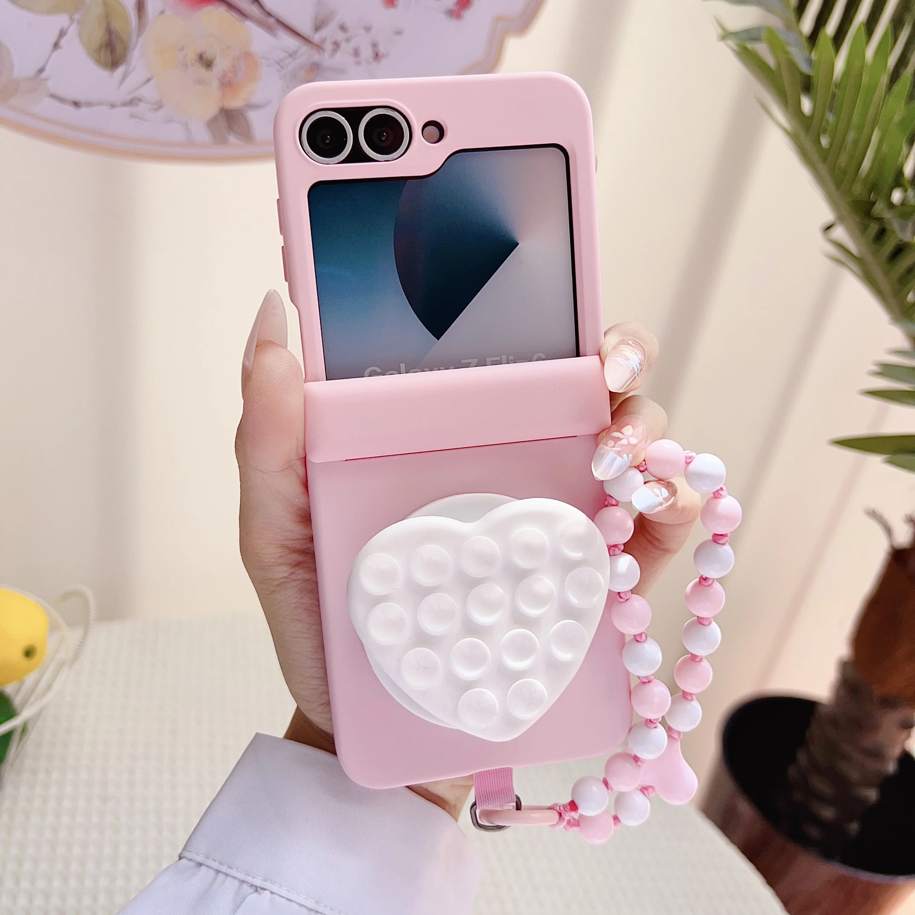 Cute Heart Suction Cup Grip Stand Case for Samsung Z Flip 7 flip 7 fe Galaxy Z Flip 6 5 Foldable with Hinge Protective Cover