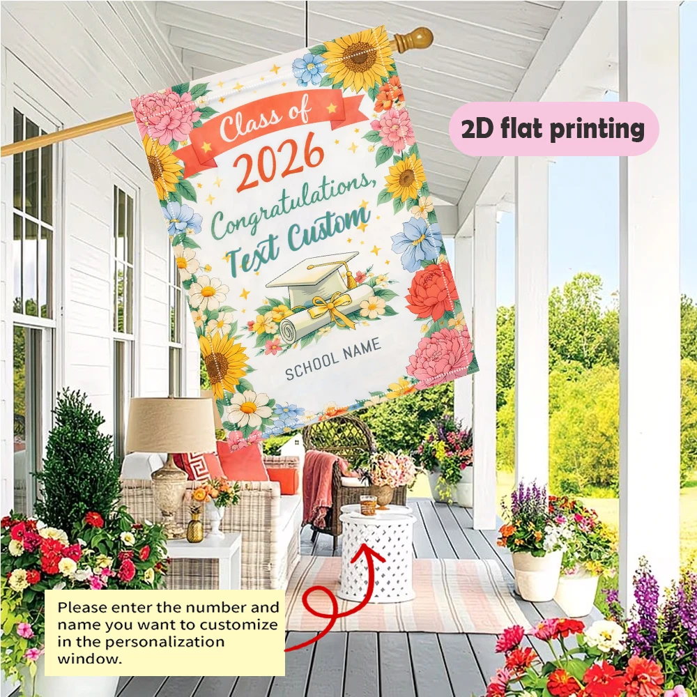 Garden flag custom Text And School Name Floral With Sunflowers And Cap Diploma Photography booth props