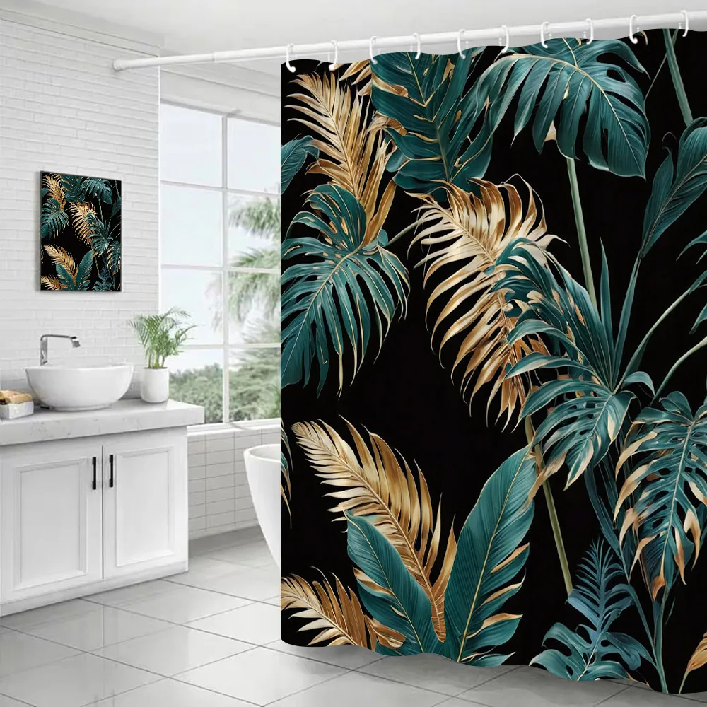 Tropical Leaves Shower Curtains Black Gold Leaves Green Leaf Botanical Jungle Palm Monstera Bathroom Curtains Bath Fabric Decor