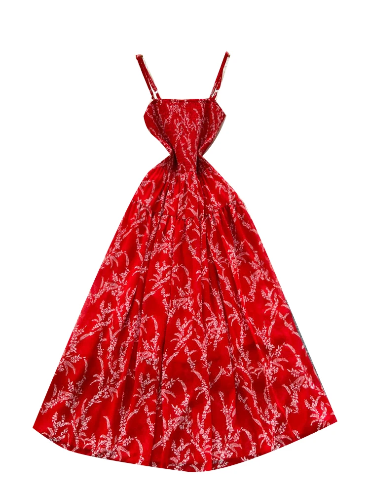 Vestido largo Retro con estampado Floral para mujer, vestido de verano con cintura adeazante, sin tirantes, estilo coreano,...