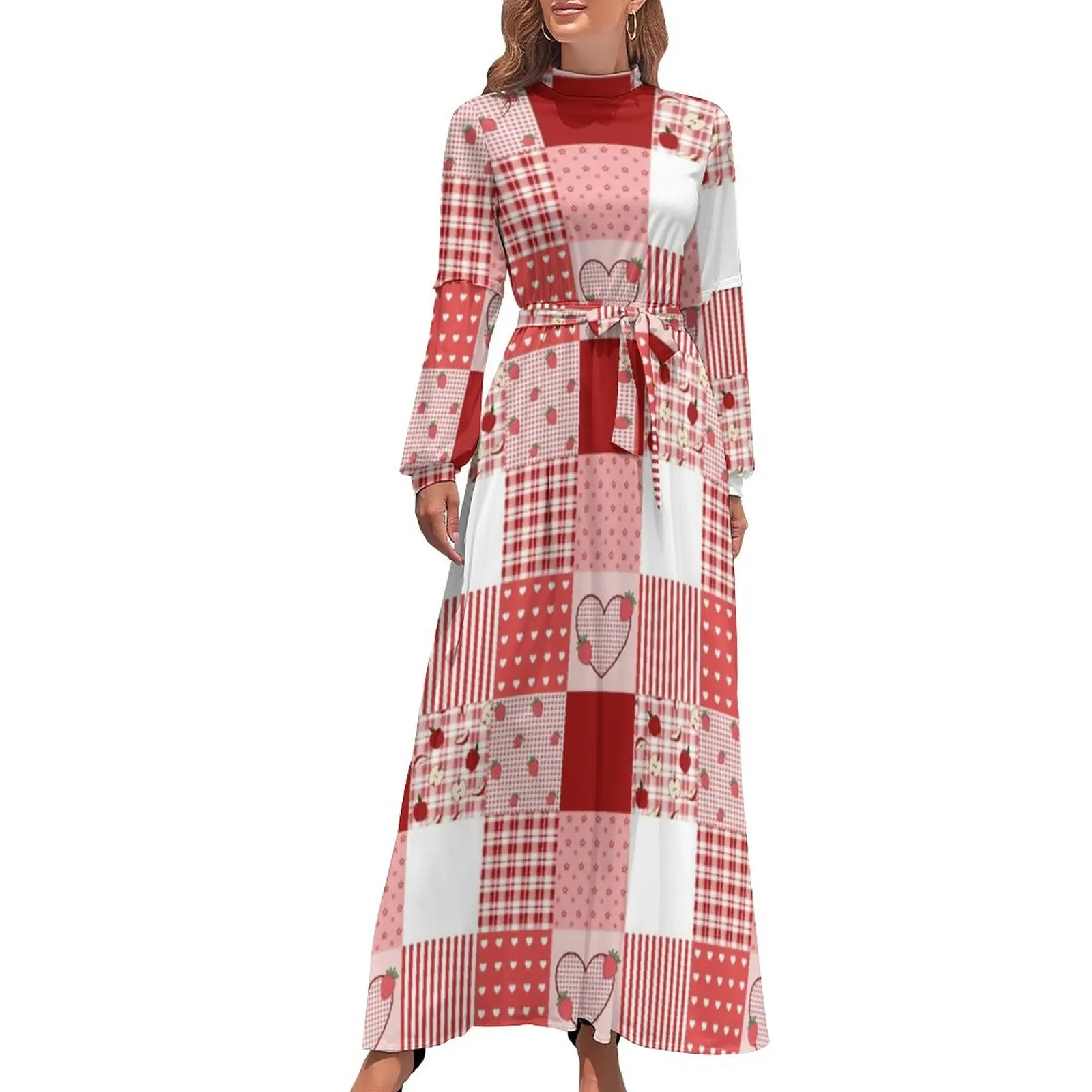 Red And White Patchwork Dress Valentine Heart Trendy Maxi Dress Basic Boho Beach Long Dresses High Waist Graphic Clothes