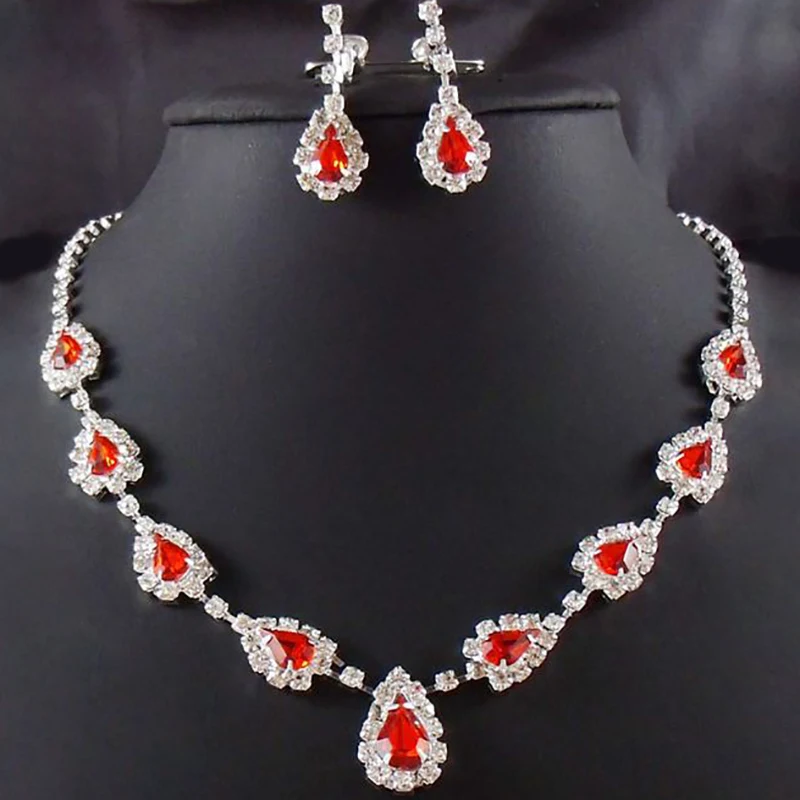 Fashion Red Crystal Women Prom Wedding Jewelry Set Decorations Rhinestone Tassel Necklace Earrings Bridal Jewelry Set