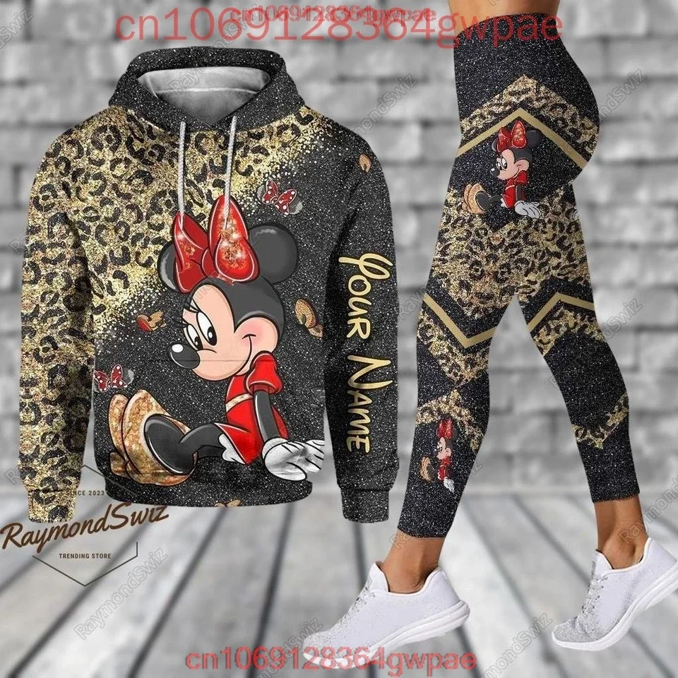 Рождественская толстовка с капюшоном и леггинсы Disney Minnie Mouse, комплект для йоги, женская толстовка с Микки Маусом, штаны для йоги, спортивные штаны, модный спортивный костюм