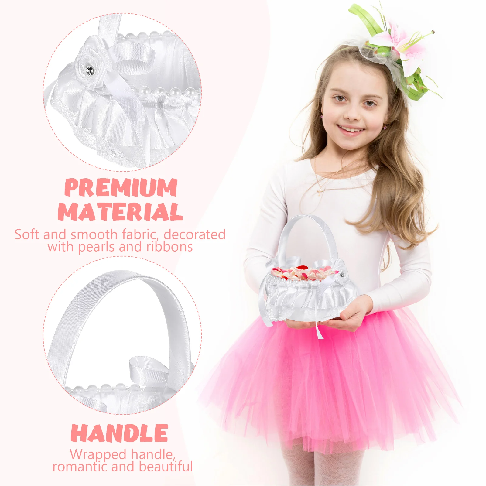 4 Pcs Wedding Flower Girl Baskets Satin Children Wedding Baskets with Flower Bowknot Design Party Decorations