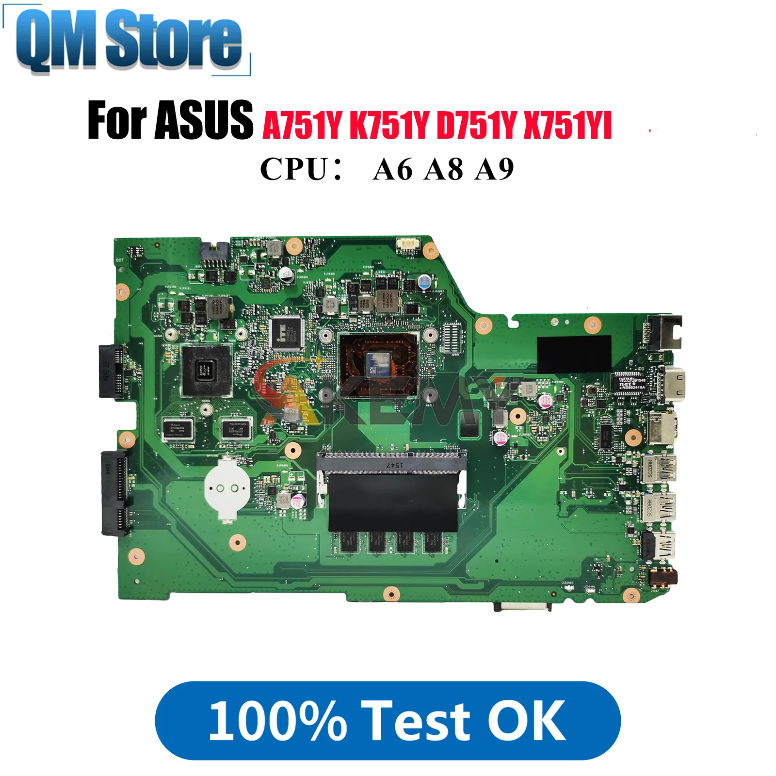 

X751YI Laptop Motherboard For ASUS VivoBook K751Y X751Y A751Y D751Y X751YI Mainboard With A6 A8 A9 CPU 100% tests OK fast ship