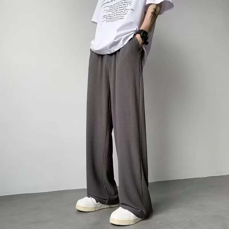 

Summer Men's Texture Baggy Straight Pants Korean Fashion Wide-leg Trousers Casual Drape Pleated Striped Y2K Pantalones Hombre