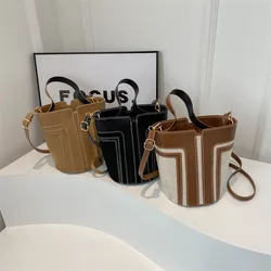 Contrasting Color Bucket Bag Personalized Trend PU Leather Simple Handbag Retro Messenger Bags Women