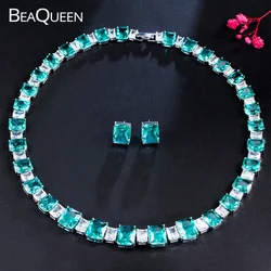 BeaQueen Elegant Light Blue Cubic Zirconia Crystal Jewelry Sets Square Stud Earrings Necklace for Women Holiday Party Gift JS320
