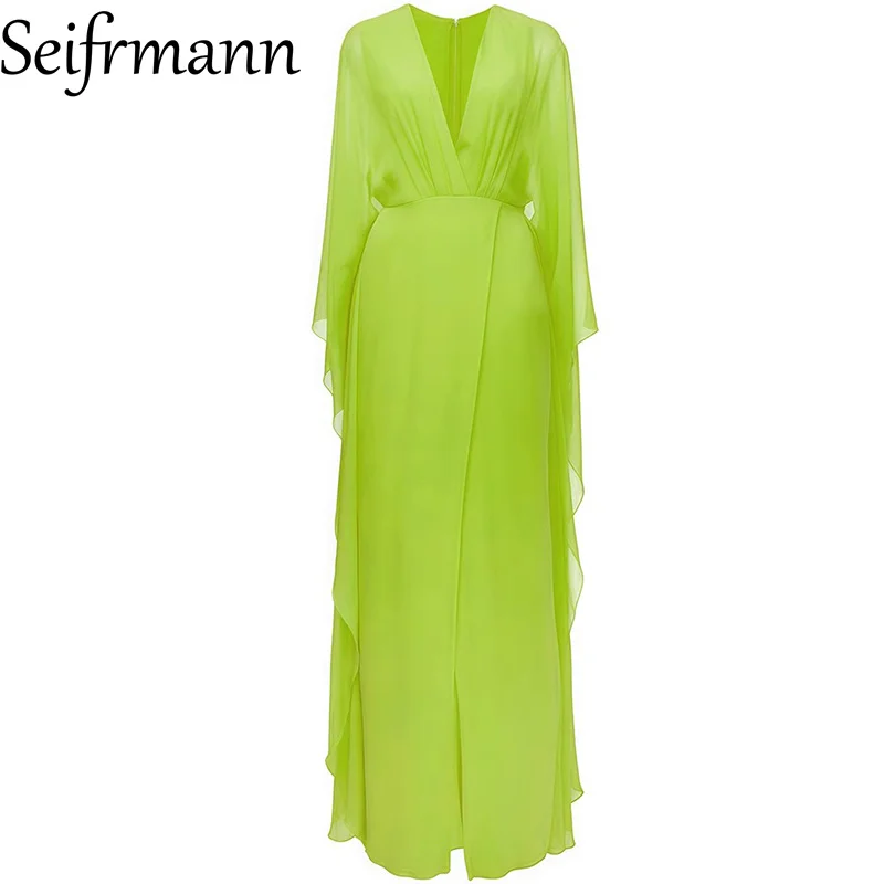 Seifrmann Modedesign Damenkleid, tiefer V-Ausschnitt, fliegende Ärmel, Schnürung, schmal, einfarbig, elegante Party-Abschlussballkleider