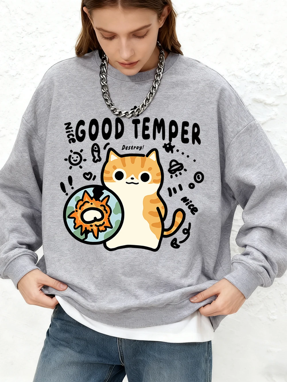 

Толстовки с принтом кота Good Temper Destroy, женские зимние теплые толстовки для бега, топы большого размера с круглым вырезом, базовая одежда с длинными рукавами