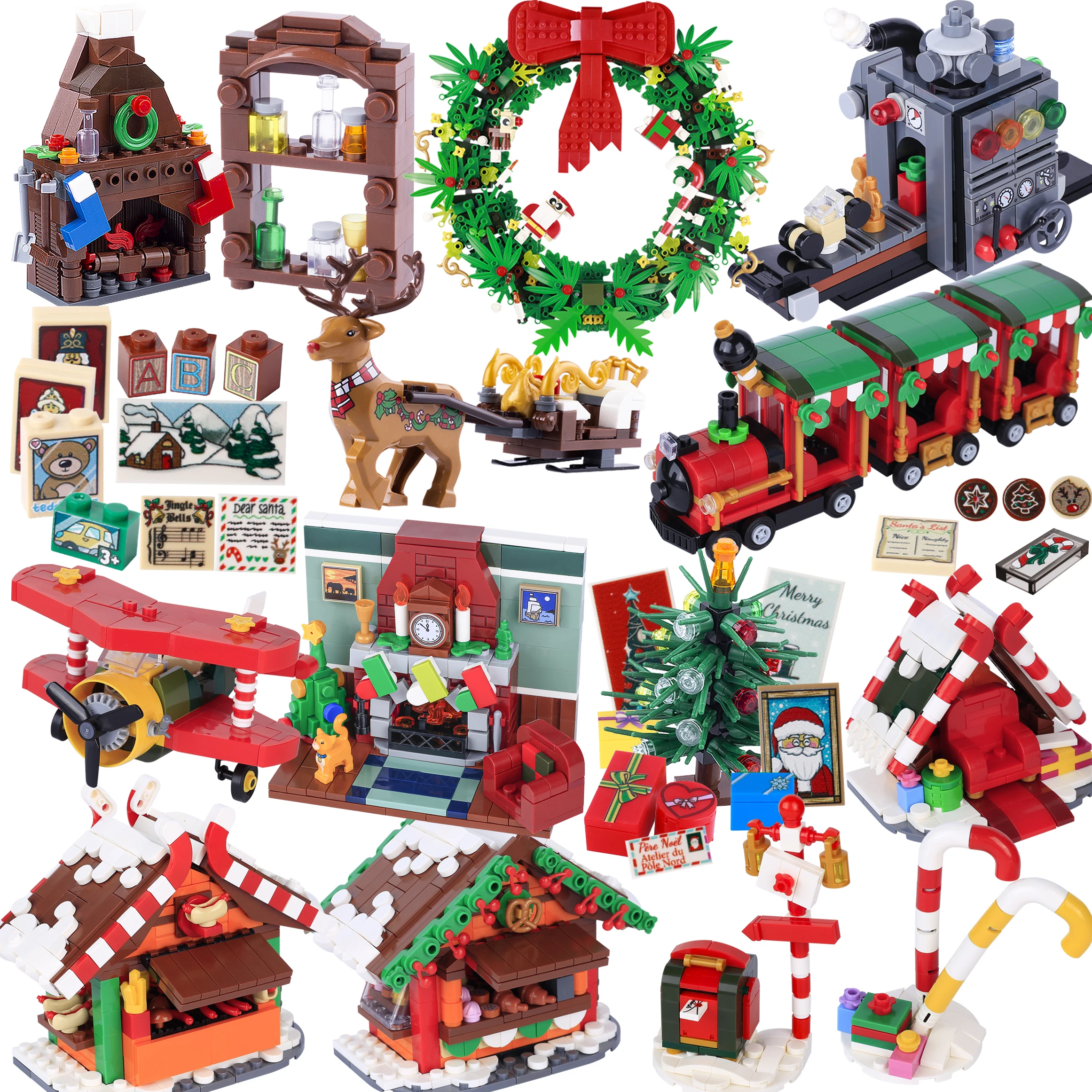 

MOC Christmas Village House Building Blocks Sleigh Reindeer Tree Present Car Wreath Fireplace Gingerbread Man Bricks Toys Gift