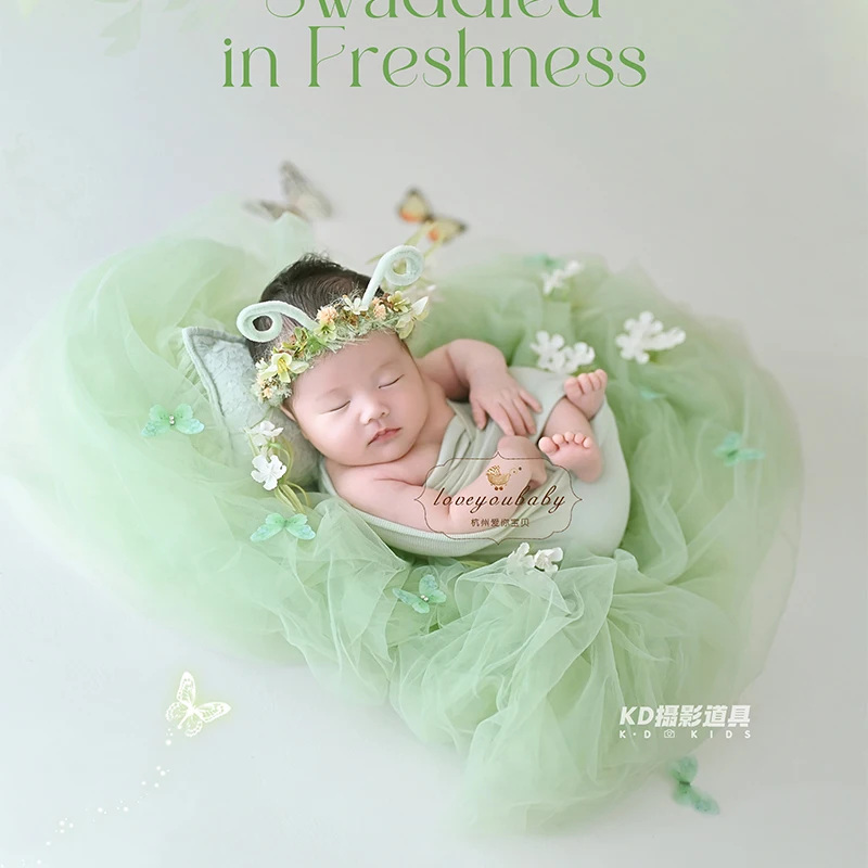 Lace Bonnet +Stretch Swaddle Wrap +Lace Pillow Newborn Photography Outfit, Artificial Flowers, Green Tulle Background Photo Prop