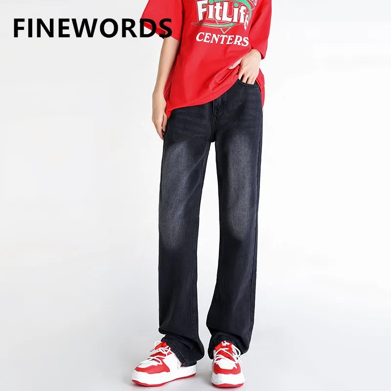 Finewords Harajuku Gewassen Zwarte Rechte Jeans Vrouwen Koreaanse Hoge Taille Wijde Pijpen Jeans Streetwear Baggy Casual Vintage Denim Broek