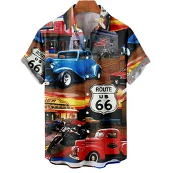 Camisa de manga curta havaiana masculina, Route 66 Street, camiseta clássica impressa em 3D, lapela de música rock, top masculino, roupas vintage, plus size, nova