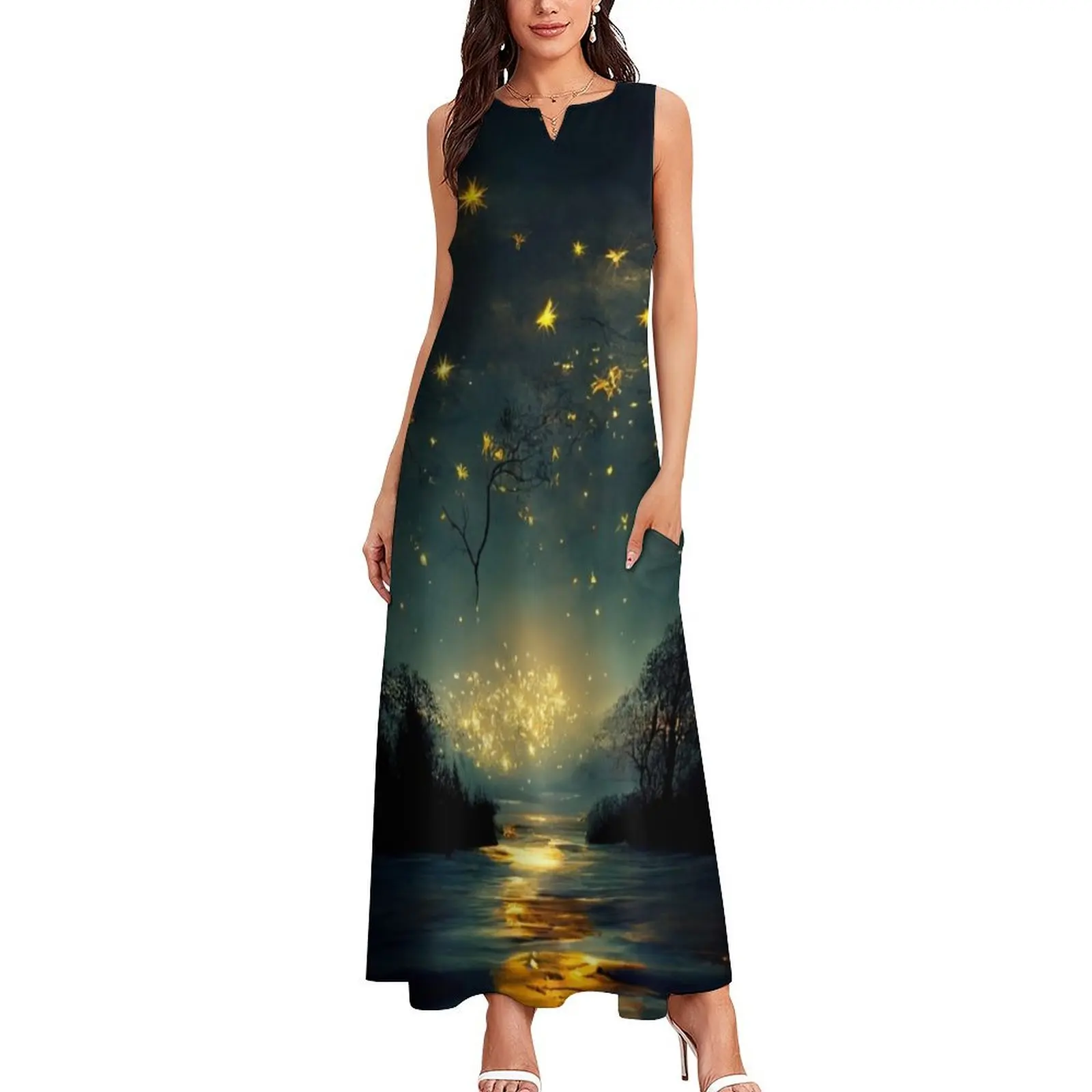 Beautiful twinkling stars in a big sky over a tree lined lake. Long Dress fairy dress prom dress 2025 Women's women