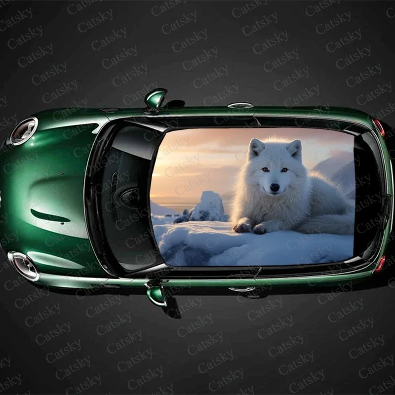 Arctic Fox in Snowy Car Roof Sticker Wrap Racing SUV Accessories Packaging Painted PVC Custom Car Graphic Decal