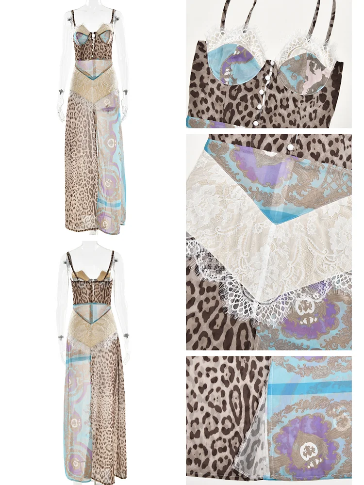 Absobe เสือดาวพิมพ์ลูกไม้แยก Sheer Maxi ชุดผู้หญิงชุด Patchwork ชีฟองแขนกุด Backless Beach ชุดราตรี