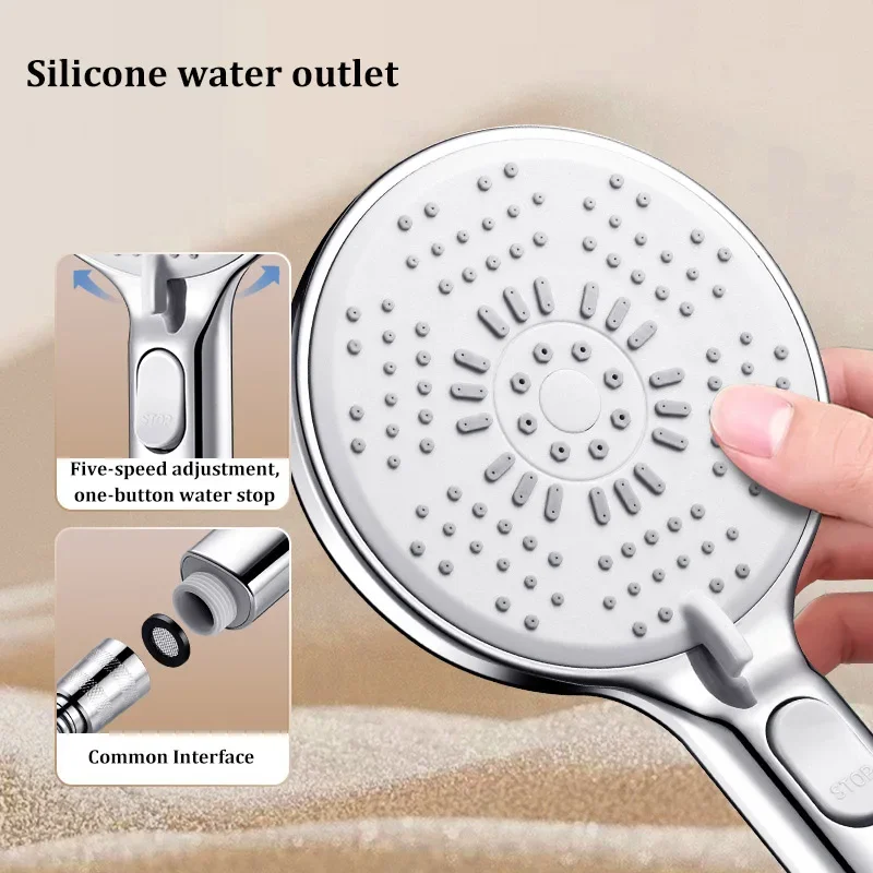 

5 Jet Modes Shower Head High Pressure Water Saving Showerhead with One-click Stop High Flow Rainfall Spray Bathroom Accessories