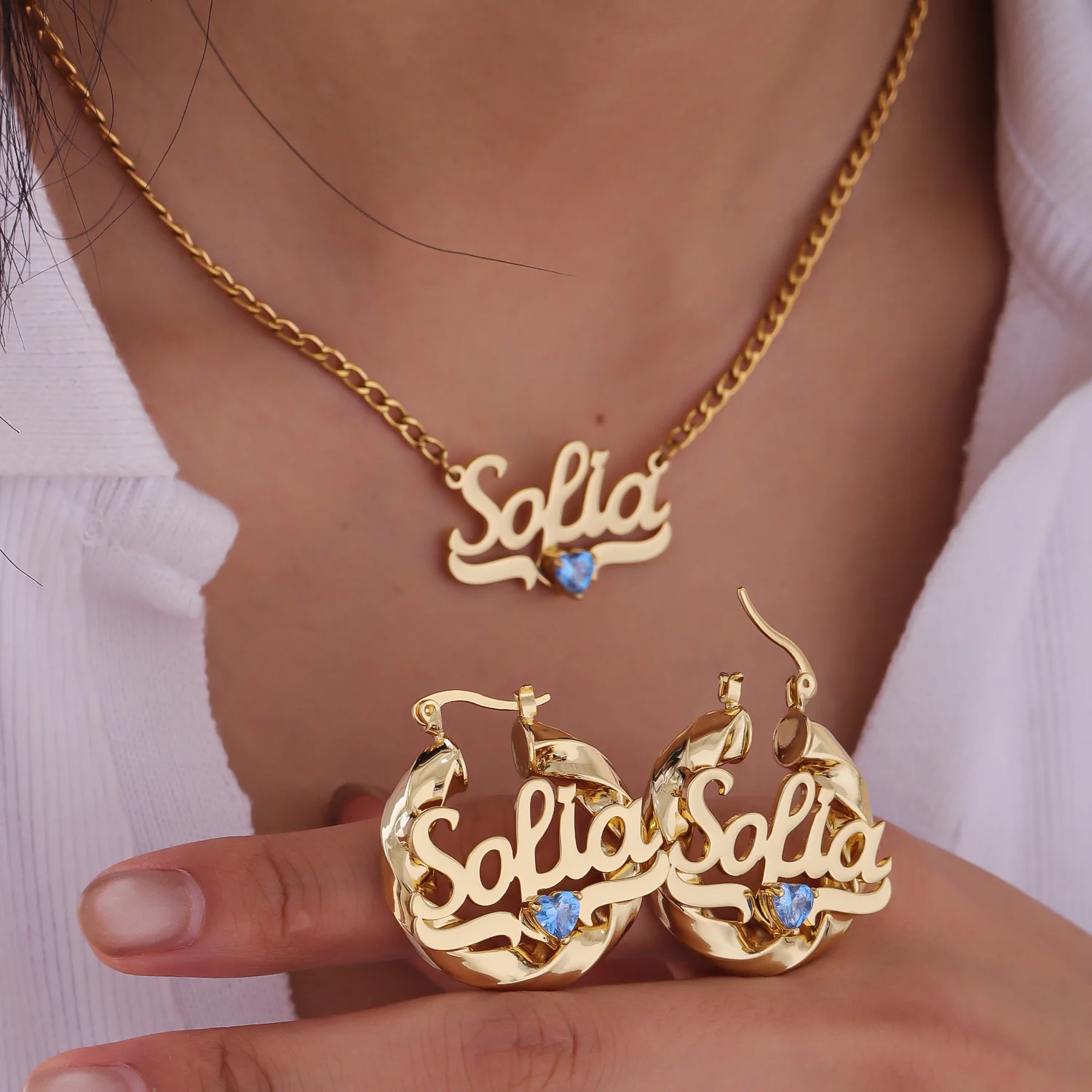 Dascusto individuelles Geburtsstein-Schmuckset, personalisiertes Namensschild, Anhänger, Halskette, 30 mm Creolen, Gold für Frauen, Schmuck, Geschenke – Detail 5