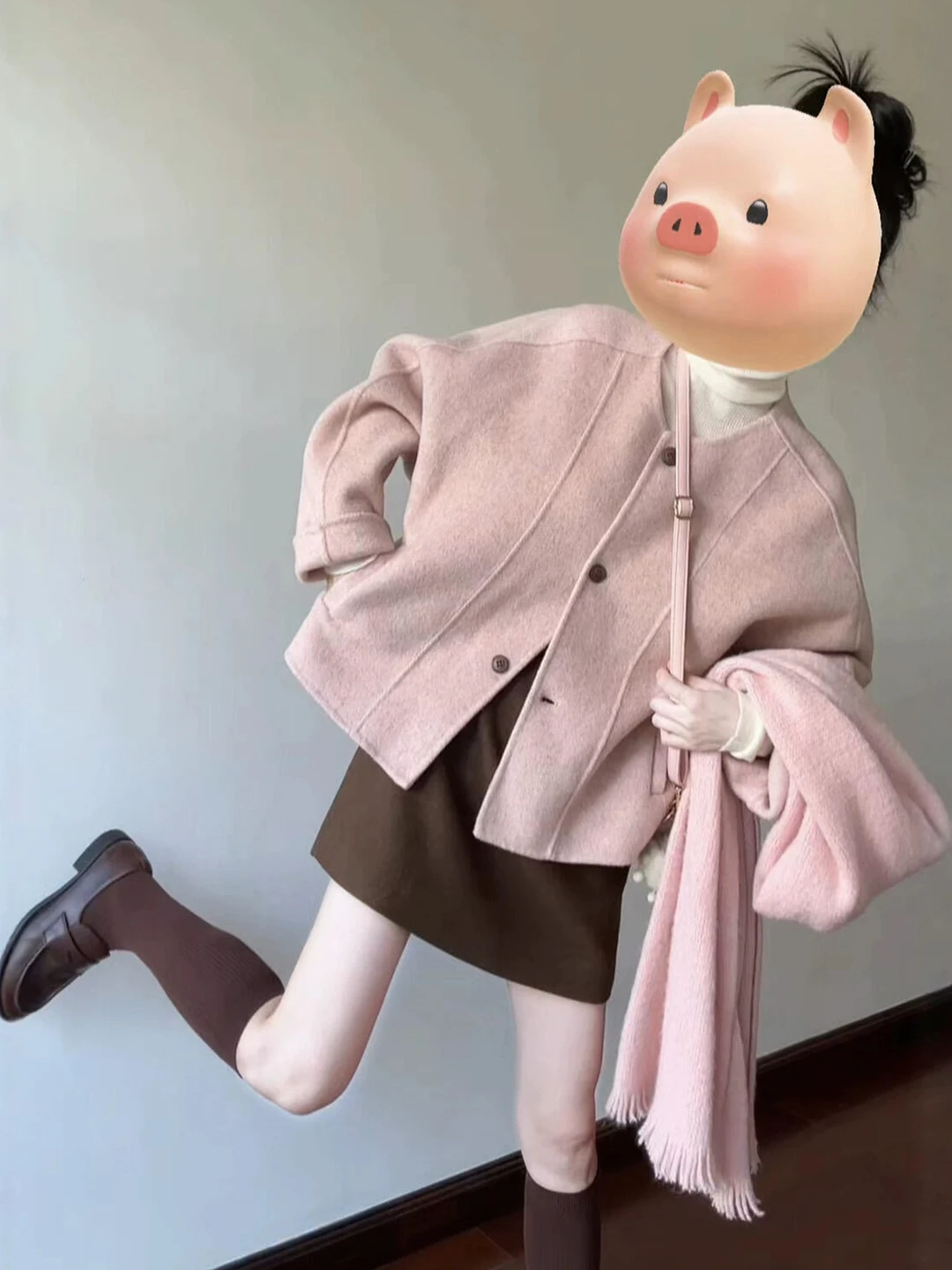 

Pink Double-Faced Camere ort Coat Women's Faion Korean Sle Winter Outerwear Button Detail Thiened Young Women's Coat