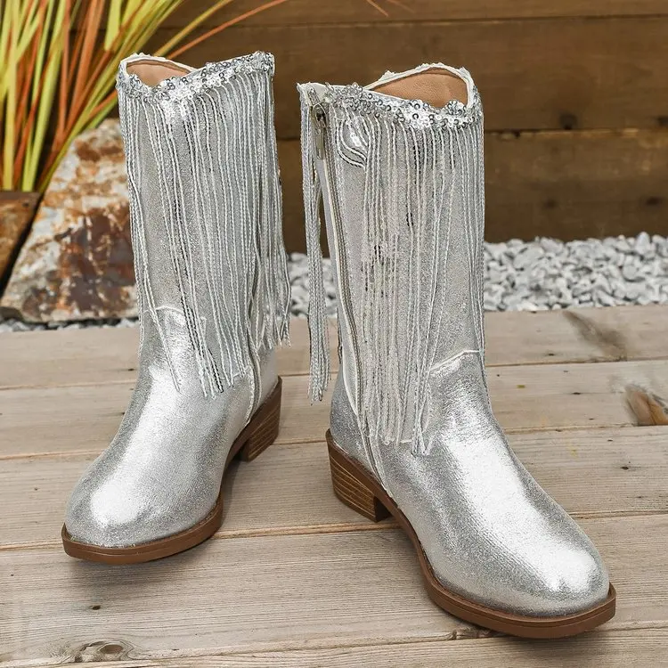 Girls Fashion Shiny Tassel Design Large Size Mid-calf Boots Spring Autumn New Girls Side Zipper Design Square Heel Fashion Boots