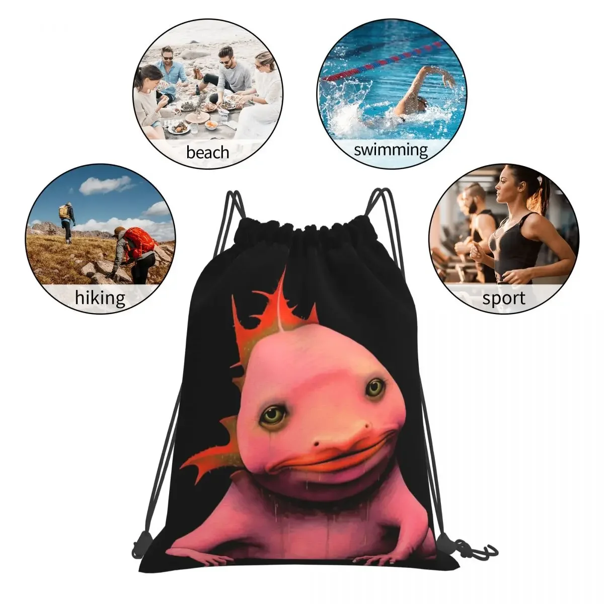 Axolotl-mochila portátil con cordón, bolsa de almacenamiento con bolsillo para viaje y escuela