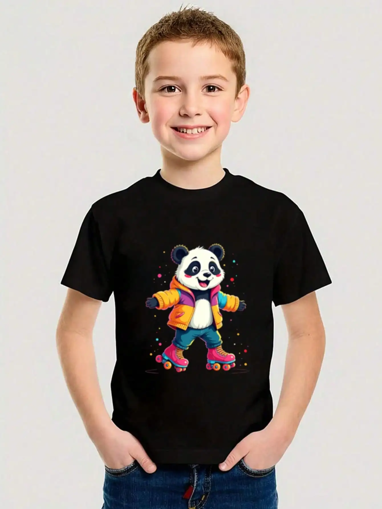 

Boys/Girls Summer "Panda Roller Skating Cotton Graphic Tees, Black Casual Summer Tops With Panda In Vibrant Outfit