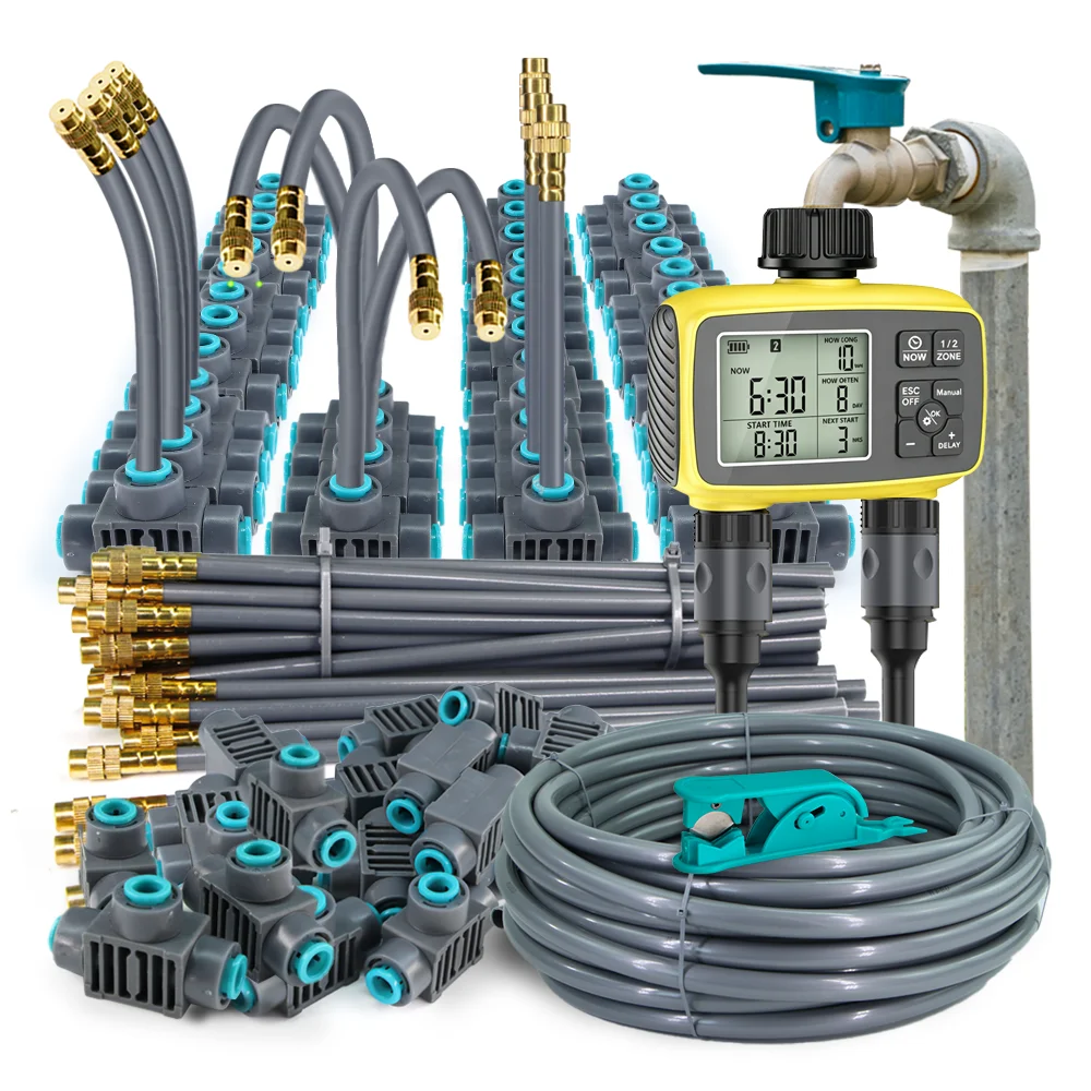 Gardening Intelligent LCD Dual Zone Independent Water Timer Atomization Cooling System Kit Courtyard Automatic Watering Program