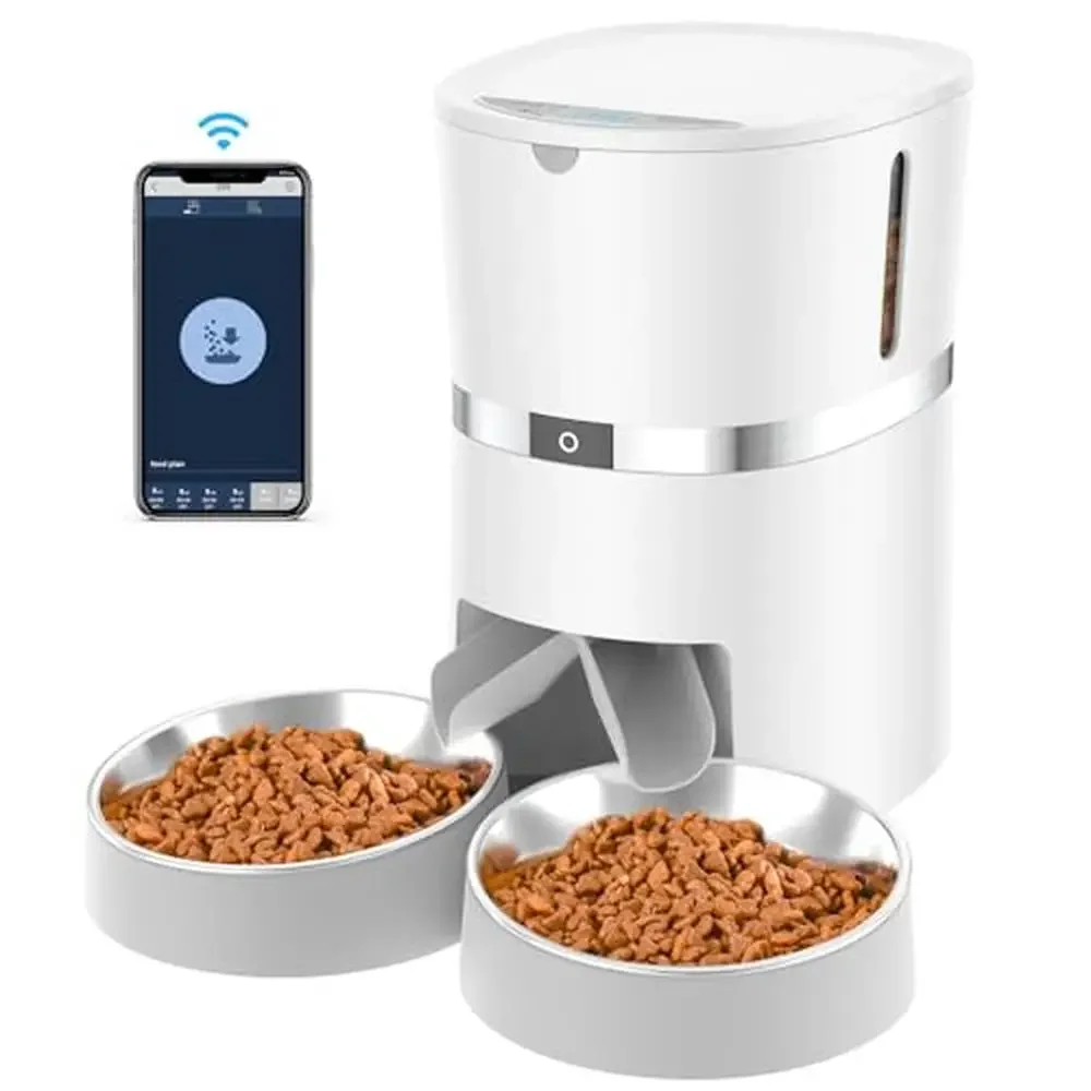 Automatic Pet Feeder Food Dispenser 6 Meals Schedule Remote Controlled Voice Reminder Dual Bowls White Color