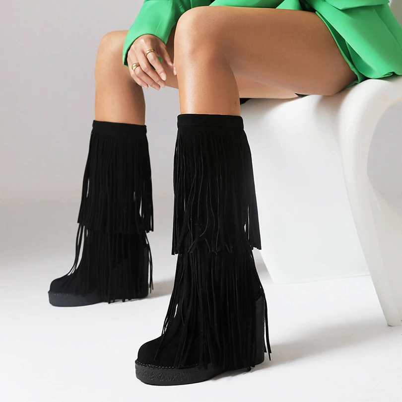 Plus Size Float Material Tassel Street Trend Knee High Boots With Flat Sloping Heel And Warm Plush Inner Lining For Winter Boots